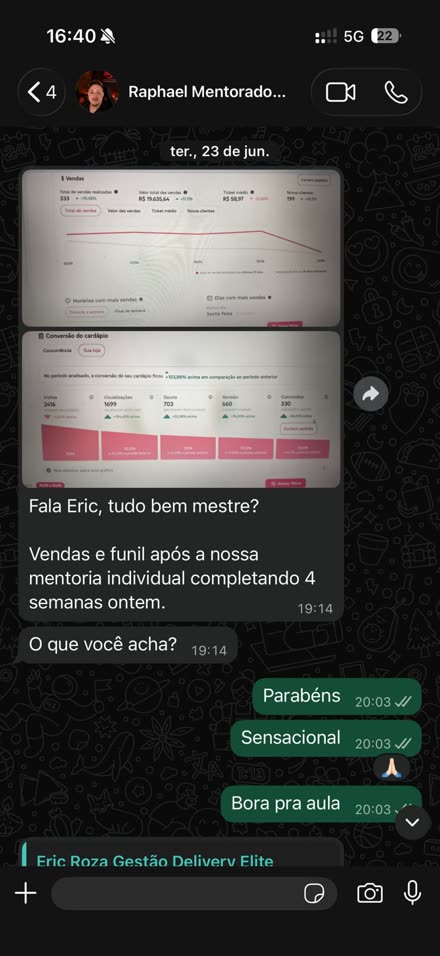 Conversa no WhatsApp: mentorado envia o painel de vendas e o funil após quatro semanas do curso.